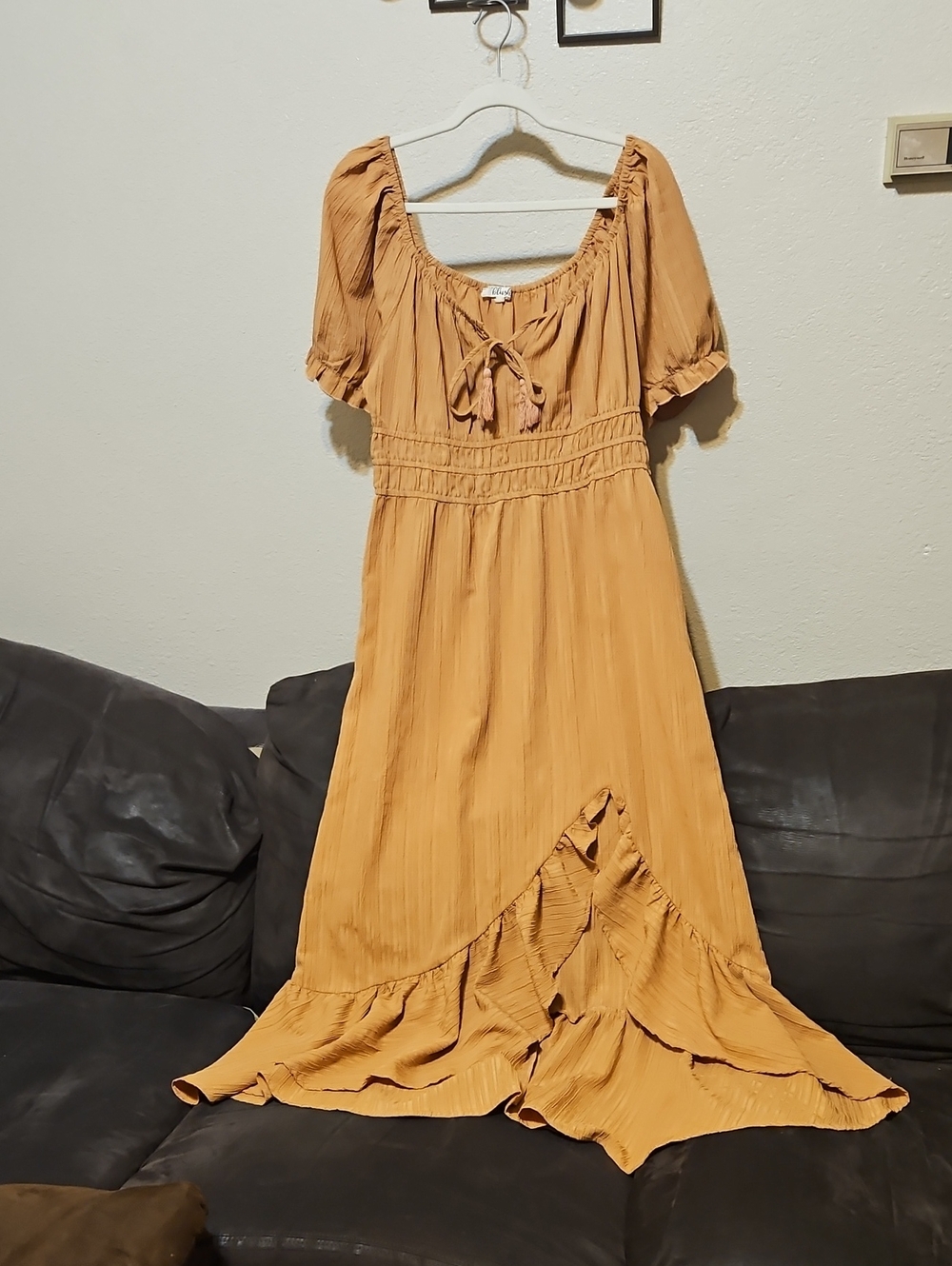 Blush Mustard Puff-Sleeve Maxi Dress with Ruffle Hem